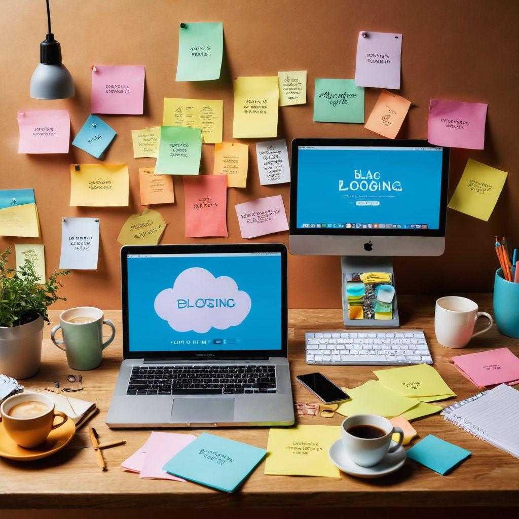 A creative workspace filled with colorful notebooks, laptops, and coffee cups, illustrating the process of crafting engaging blog content. A vibrant cloud of digital ideas floating above, depicting keywords and sticky notes related to blogging tips and strategies. The background should feature a calm and inspiring ambiance, with warm lighting and elements of nature, enhancing the sense of creativity. super-realistic. vibrant colors. cozy atmosphere.