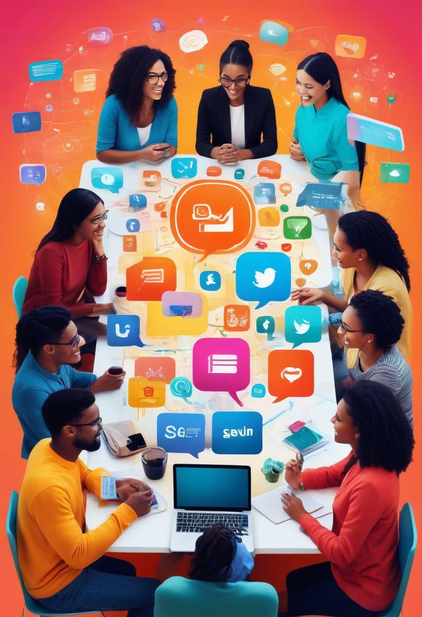 A vibrant digital collage depicting diverse individuals engaging in conversations around a virtual table, with colorful social media icons floating above them, signifying connection and collaboration. Include elements that represent various blogging topics, such as books, technology, and travel, to highlight community engagement. Use bright colors and an uplifting atmosphere to evoke a sense of togetherness and inspiration. vector art. vibrant colors.